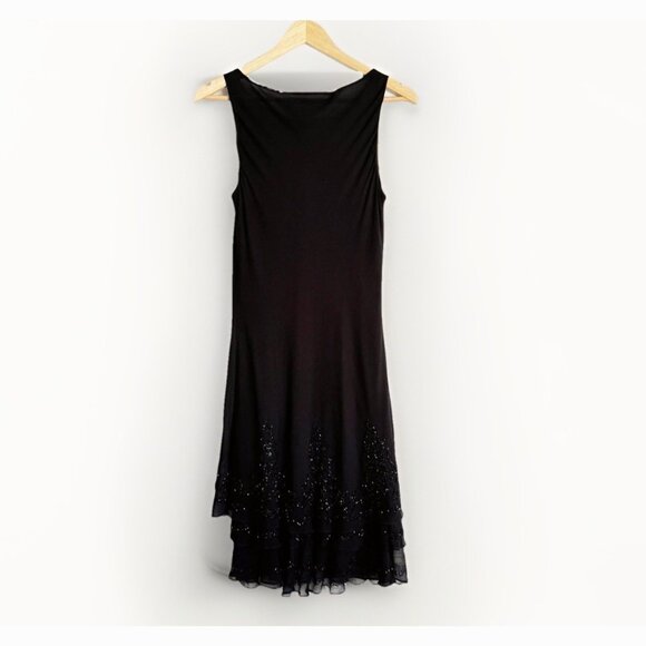 Jones New York 100% Silk Black Beaded Cocktail Midi Tiered Dress Womens 12 Glam - Picture 4 of 9